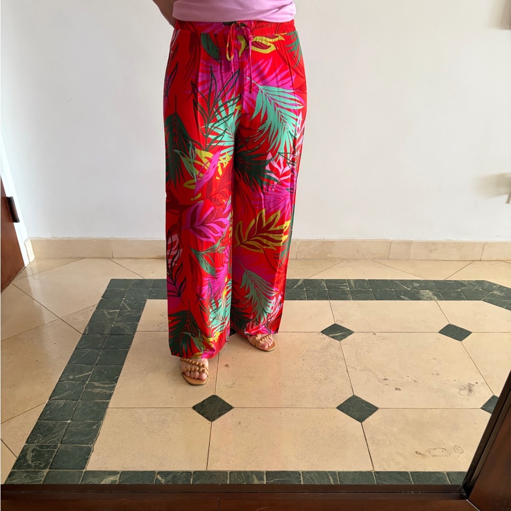 Mlle Gabrielle Red Tropical Leaf Wide-Leg Pants